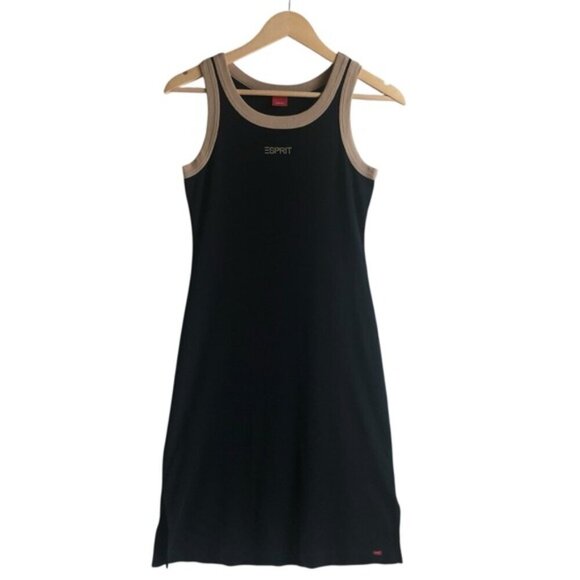 Esprit Ribbed Black & Tan Sleeveless Tank Dress Small Y2K Logo - Picture 2 of 13